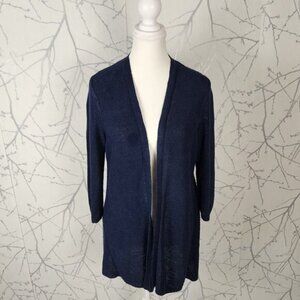 Talbots Navy 100% Linen Ribbed Knit Open Front Cardigan